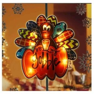 Thanksgiving Window Silhouette - Large Turkey with Pumpkin - Warm White Lights